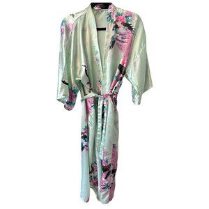 Silky Mint Green Kimono Robe W/ Floral & Peacock Print By Mei Yesi Da